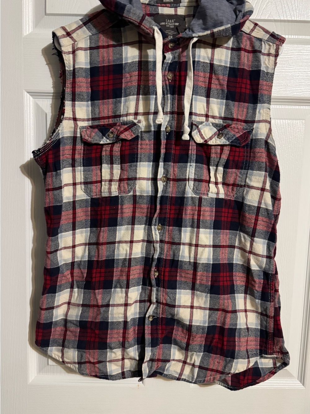 H&M Red Navy White Plaid Sleeveless Hooded Shirt